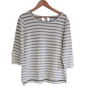 Sunday Anthropologie Sweater Women's Large White Blue Striped Crochet Trim